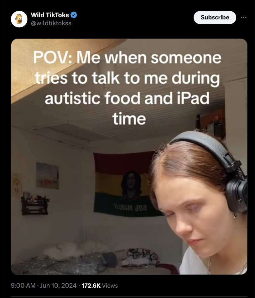 screenshot - Wild TikToks Subscribe Pov Me when someone tries to talk to me during autistic food and iPad time Views